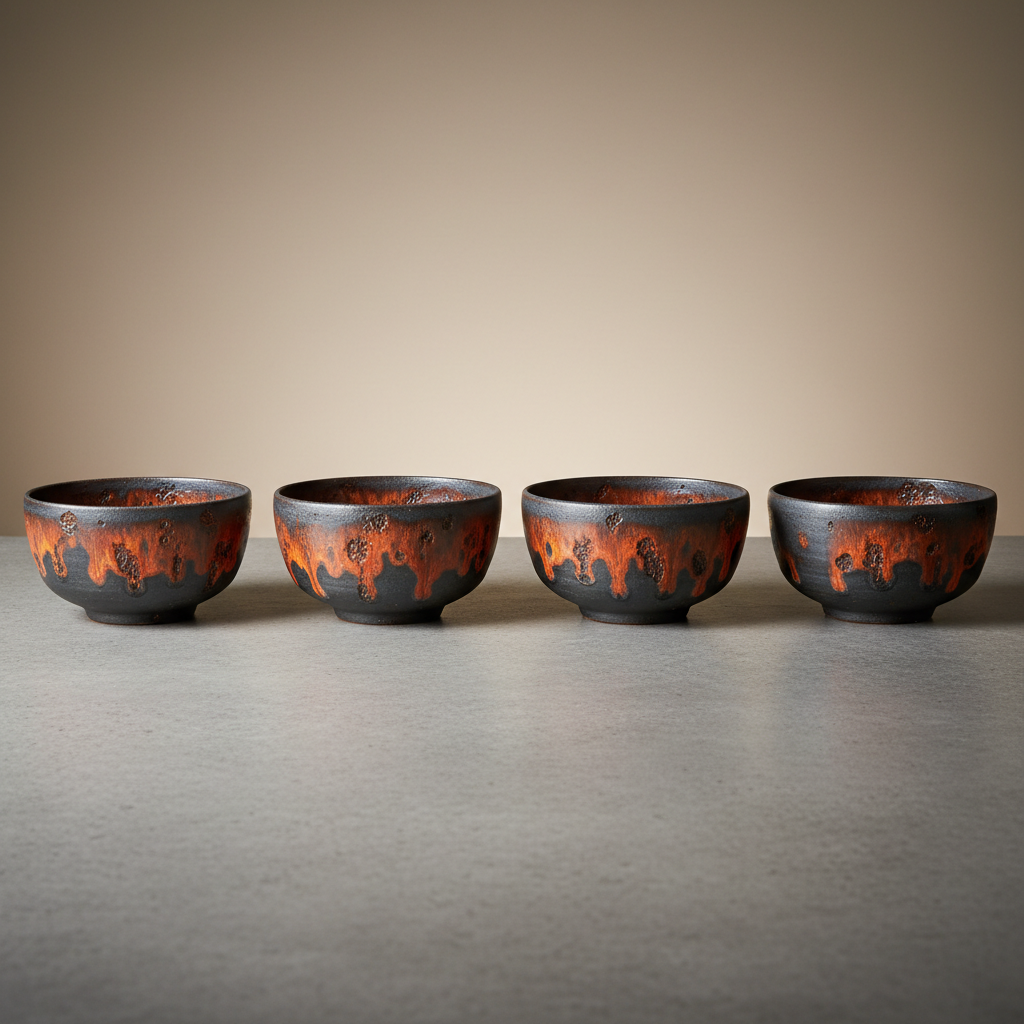 Set of four carbon shino bowls with orange fire marks recording the flame path through the kiln