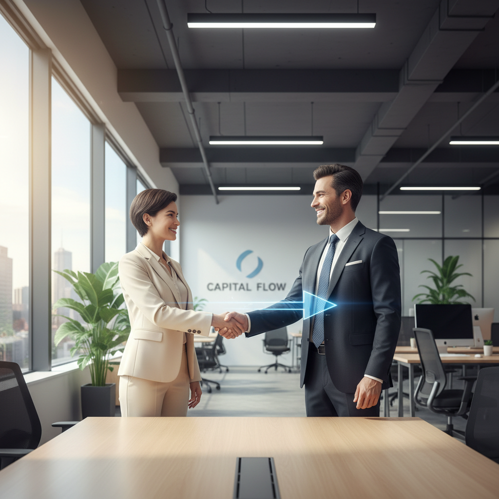 Entrega de crédito a socio emprendedor con apretón de manos en oficina luminosa