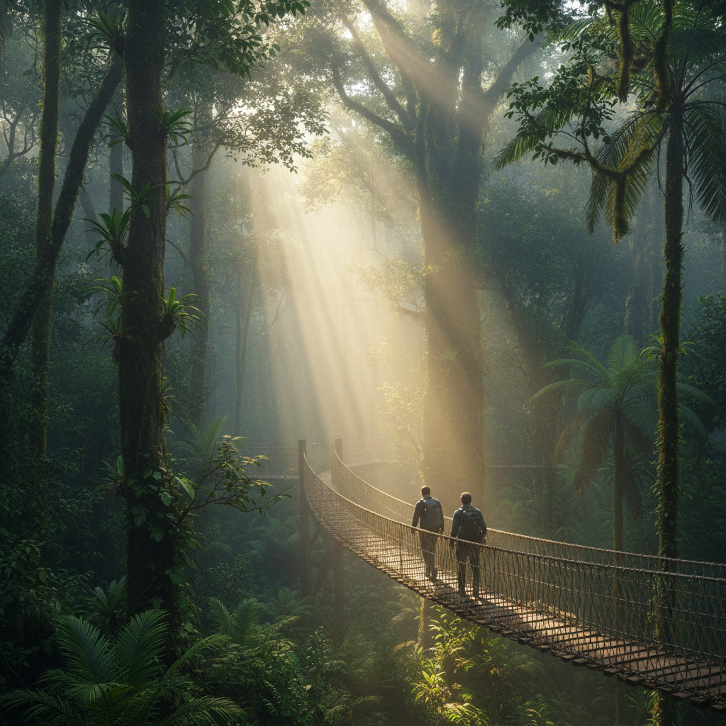 Dense rainforest canopy trail with shaft of golden afternoon light cutting through mist, two hikers visible below