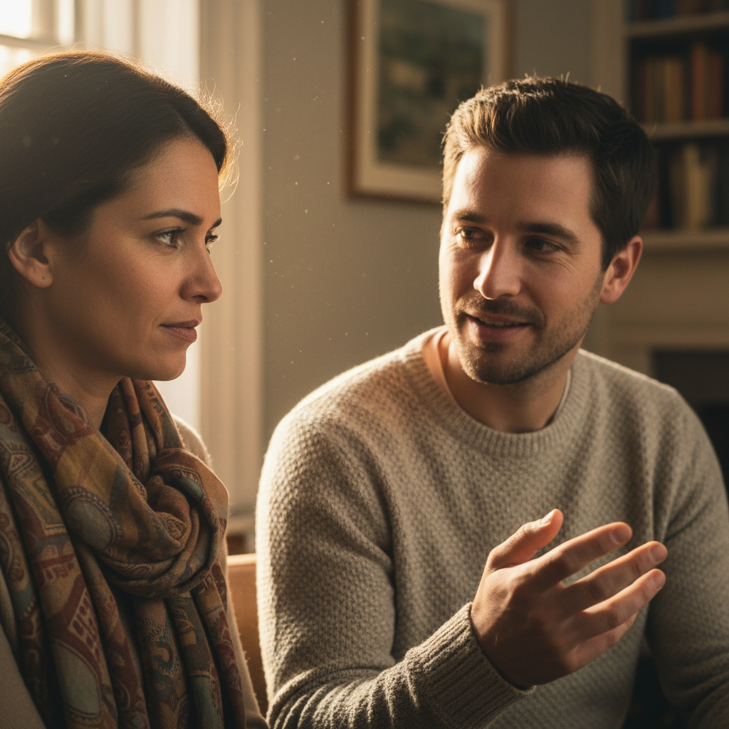 Two people in a deep engaged conversation at a cafe table, one listening attentively while the other speaks