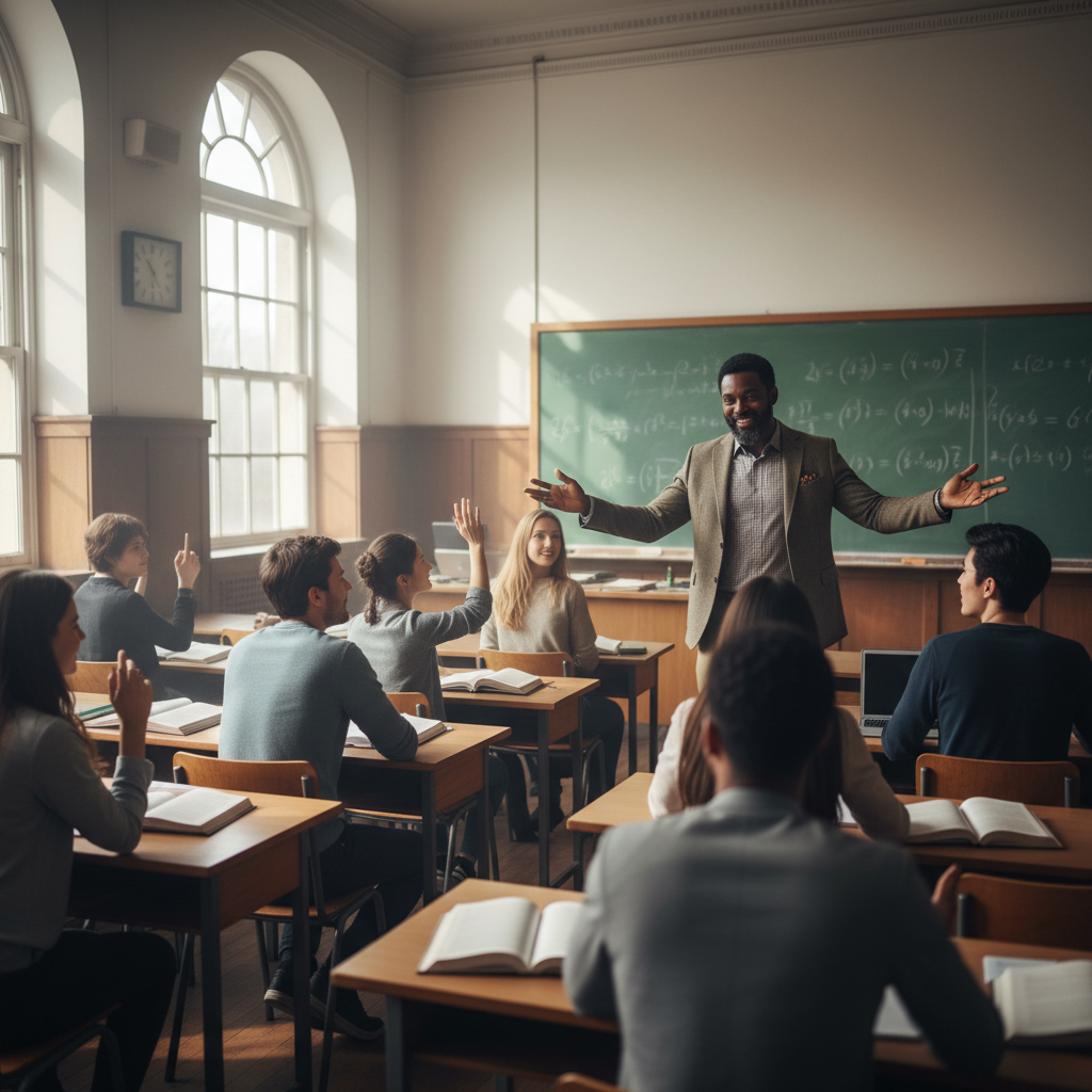African professor teaching in a university classroom in Bamenda, Cameroon