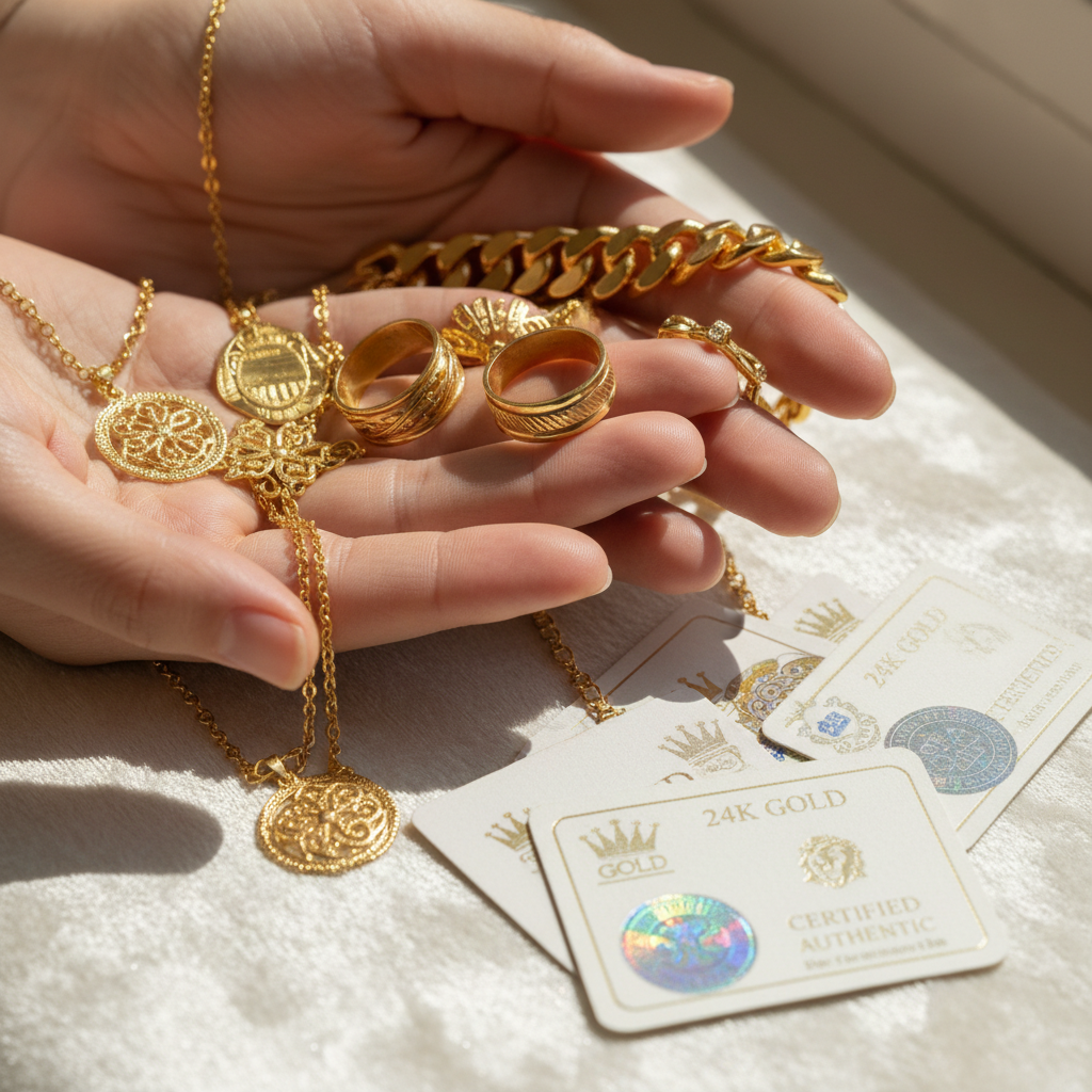 Gold jewellery with certification stamp and hallmark, quality assurance, bright clean photography