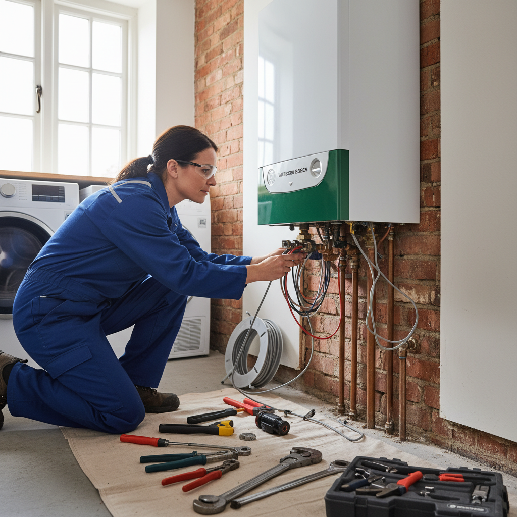Engineer repairing a boiler system in a London home
