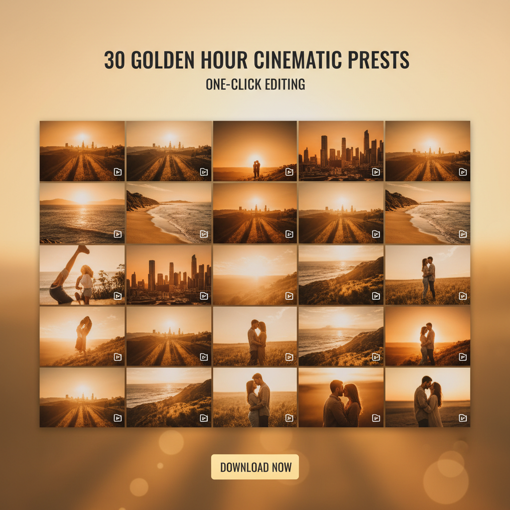 Lightroom Golden Hour — digital product cover showing presets design
