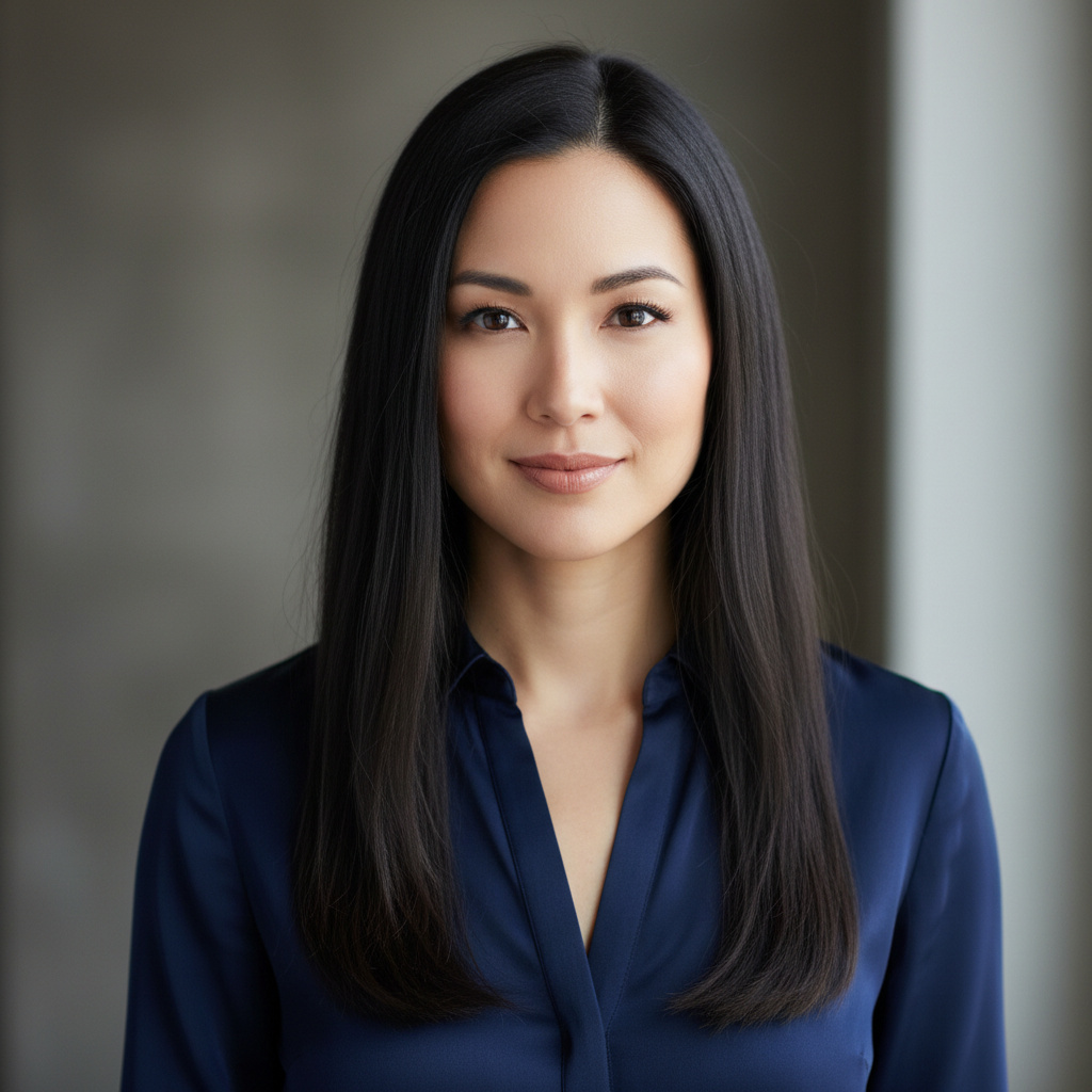 Woman with dark hair in professional setting, warm neutral background