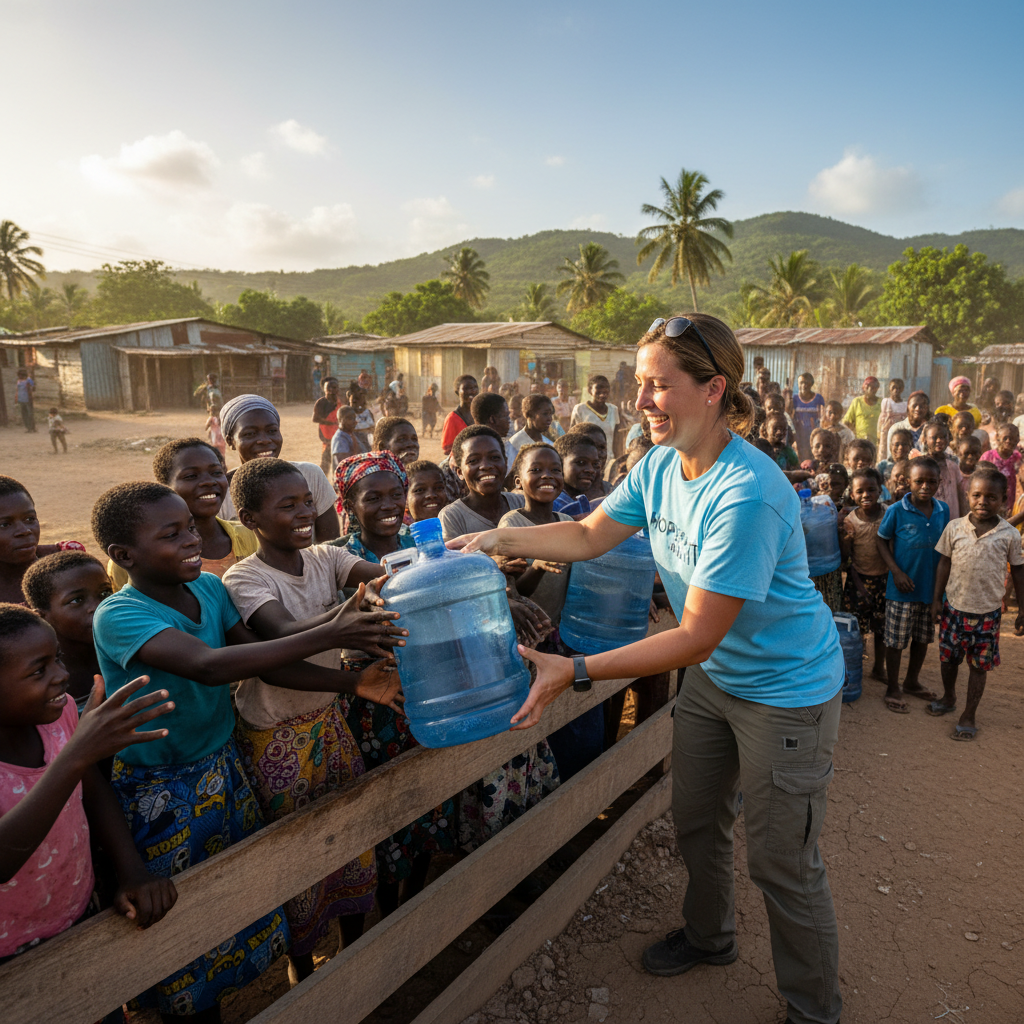 Mission team member passing water containers to local residents in Haiti