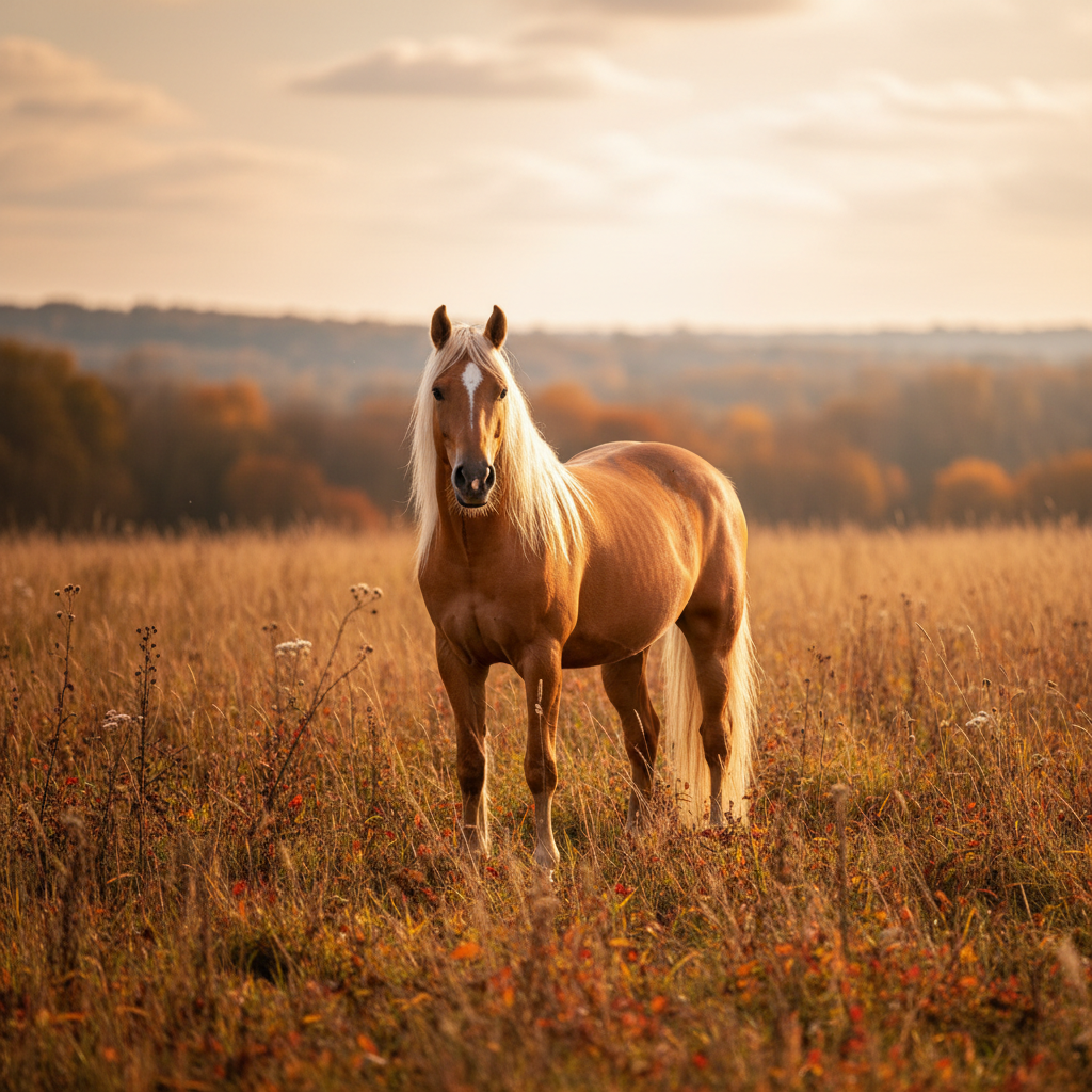 Palomino mare with flowing flaxen mane standing in autumn field with warm golden light