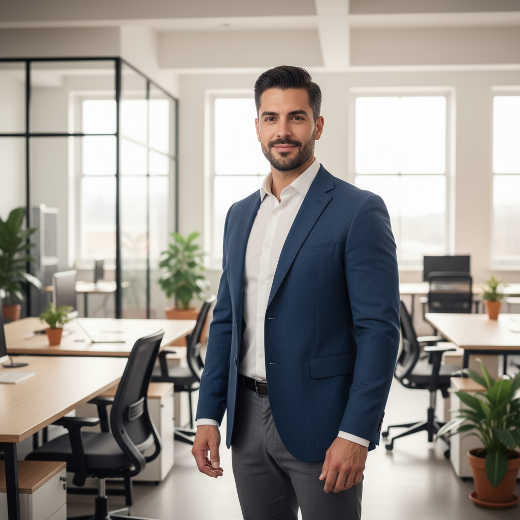 American male VP of manufacturing in professional setting with confident expression