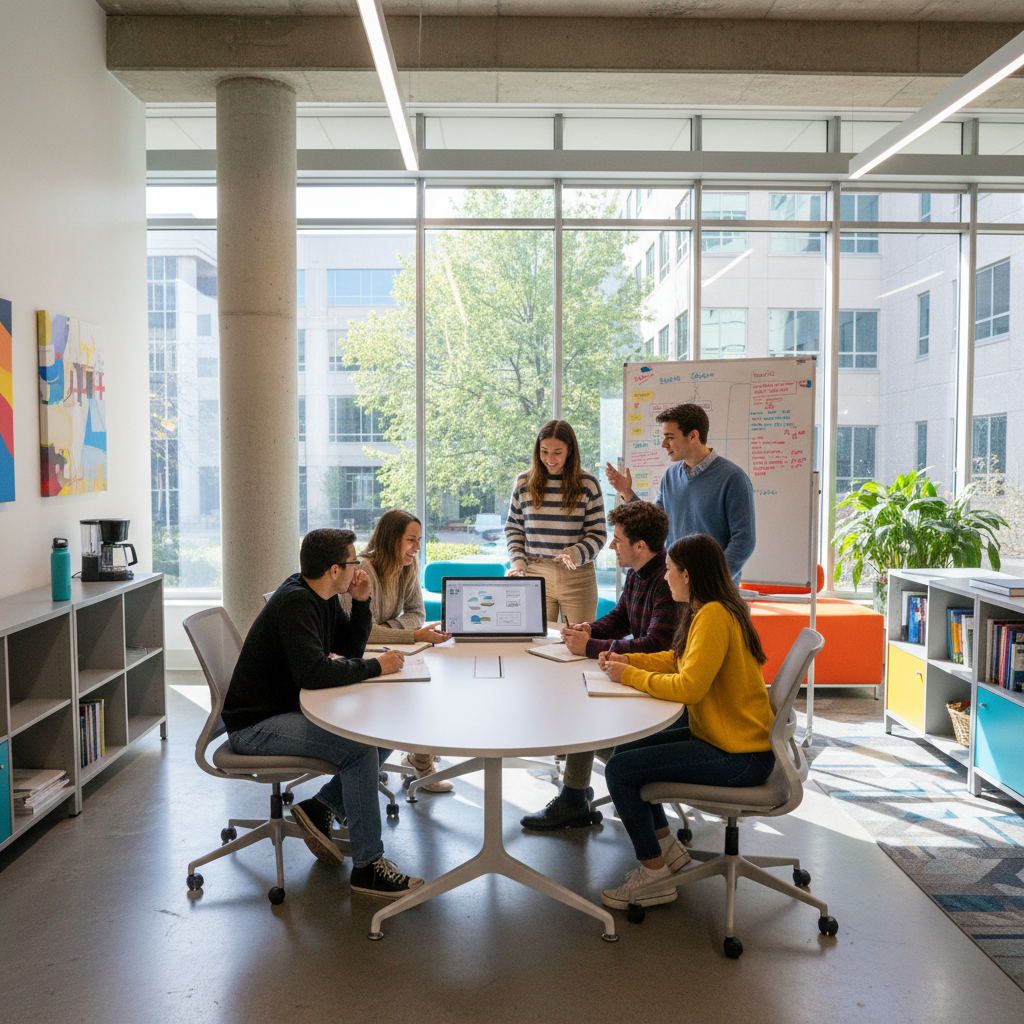 Bright modern learning environment, students collaborating around laptops, natural daylight, airy open space