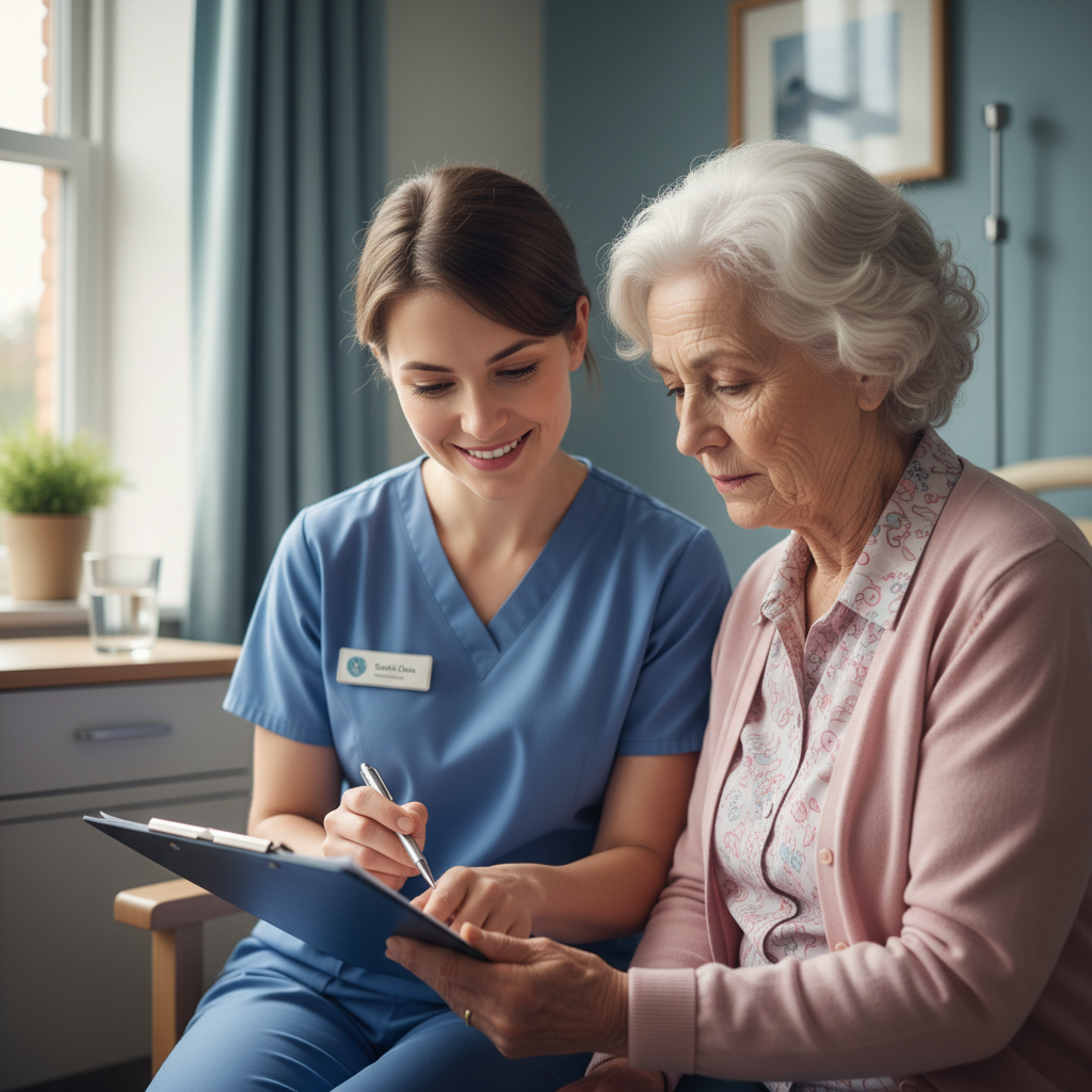 Nurse sitting beside elderly patient reviewing paperwork together