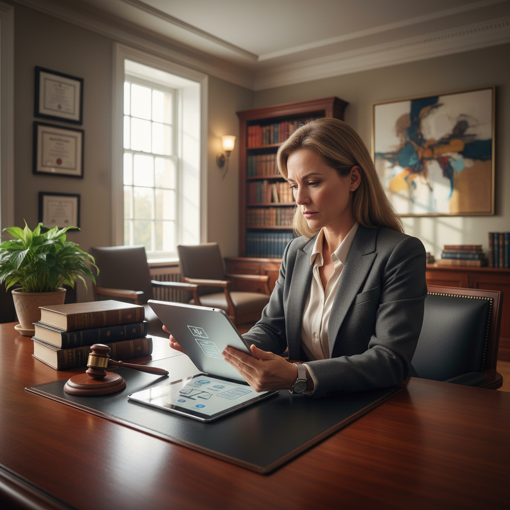 Legal books and a gavel on a polished table in a professional setting