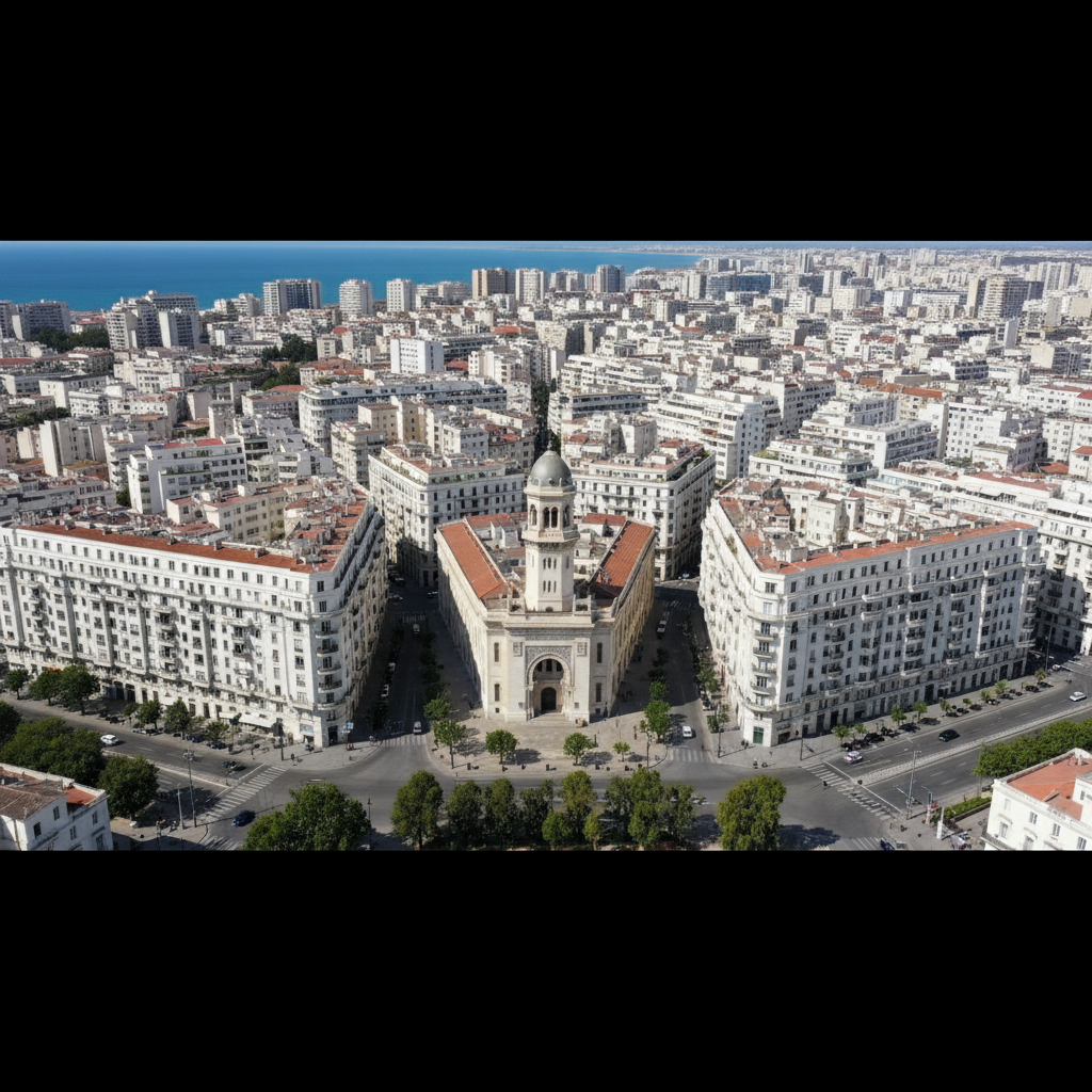 Vue aérienne du centre-ville d'Alger avec la Grande Poste et les immeubles haussmanniens blancs