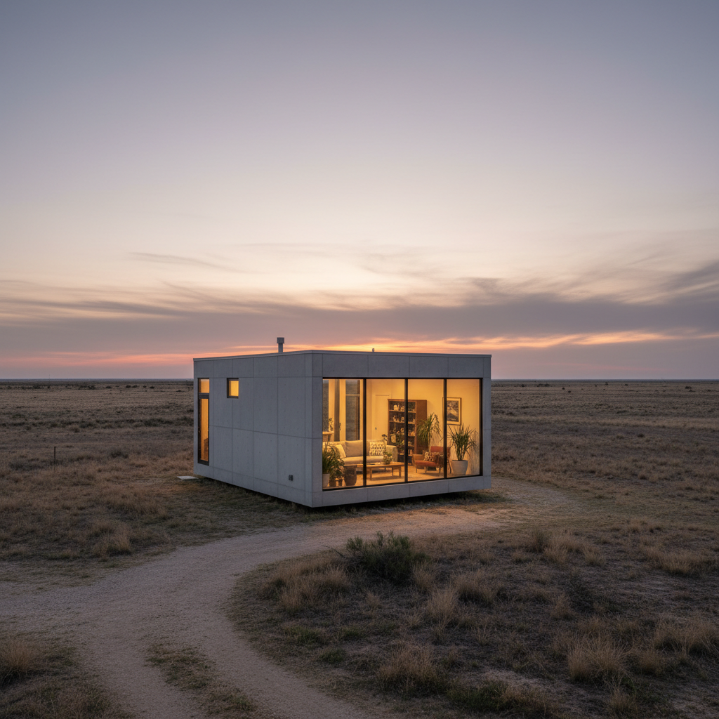 Minimalist tiny house with large windows on flat Texas plains at dusk, warm interior glow