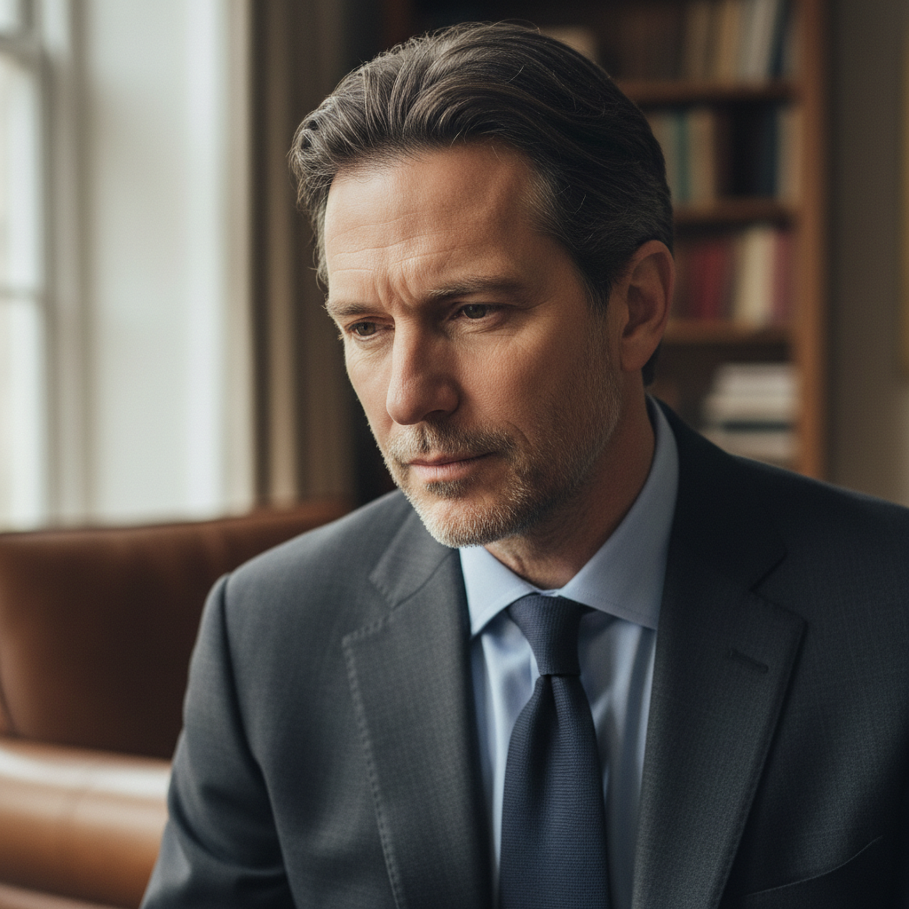 Professional man in his late forties, thoughtful expression, natural window light