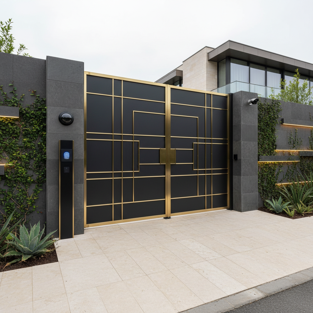 High-end villa entrance with discreet security cameras, biometric access panel, elegant gate and professional security infrastructure