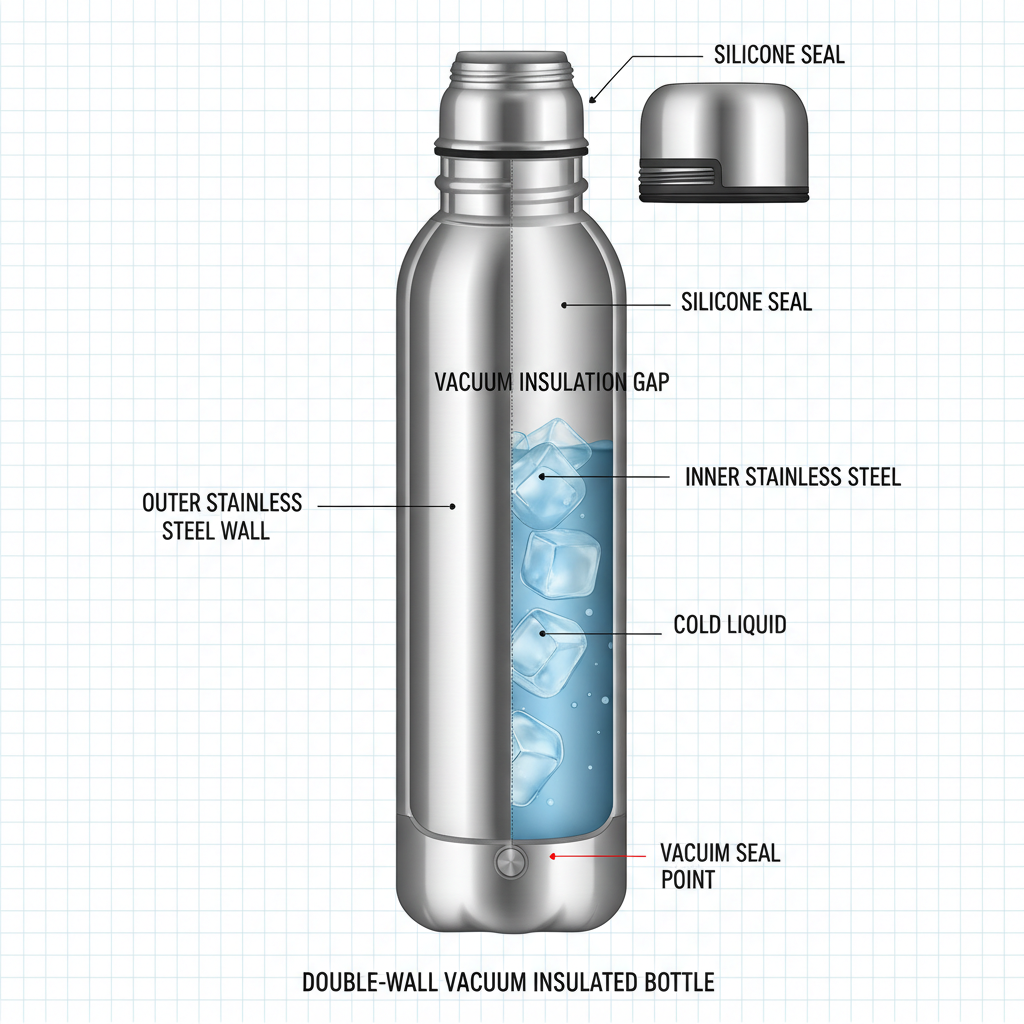 Cross-section cutaway diagram of double-wall vacuum insulated stainless steel bottle showing air gap insulation