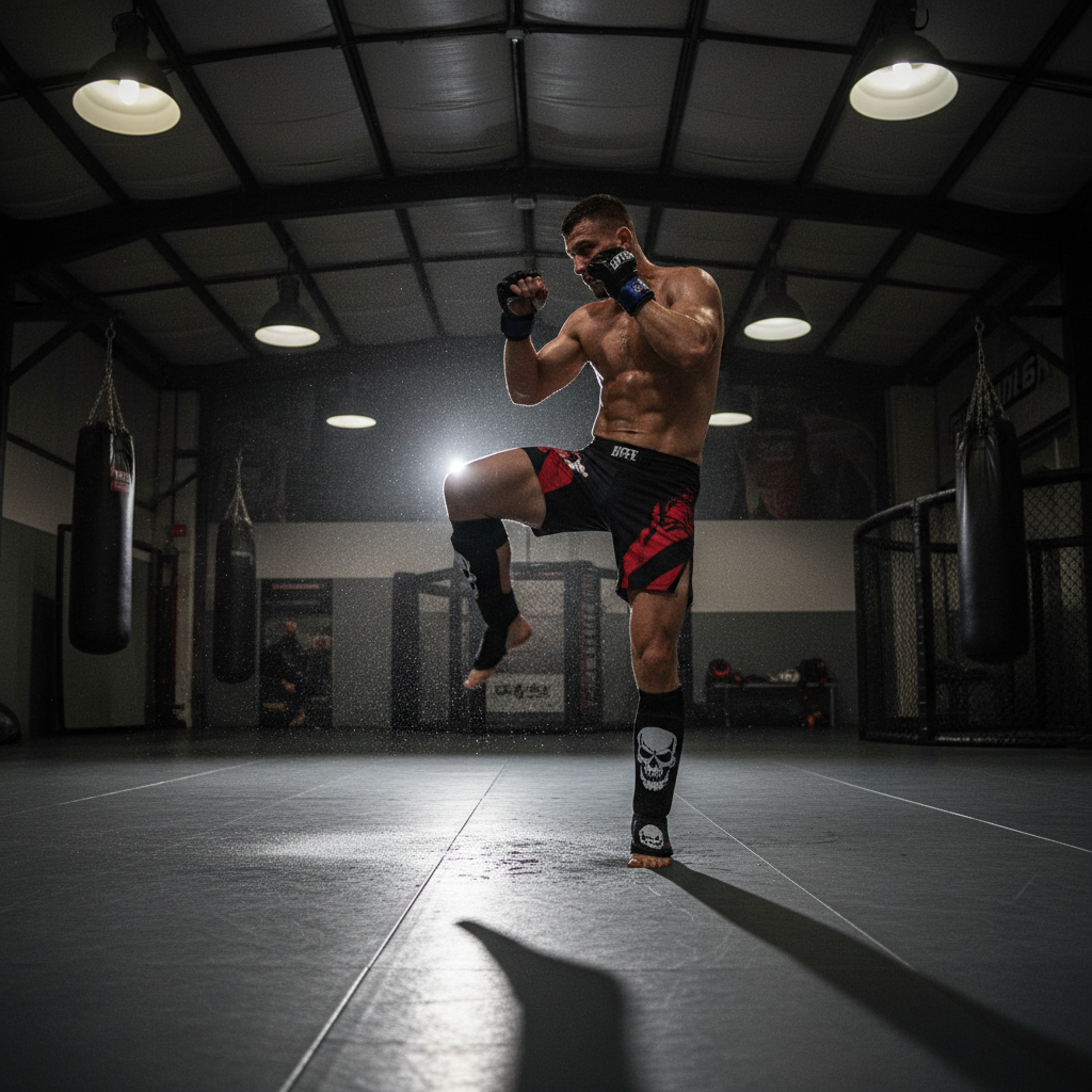 MMA fighter shorts and gear on black mat in dark training gym with spot lighting