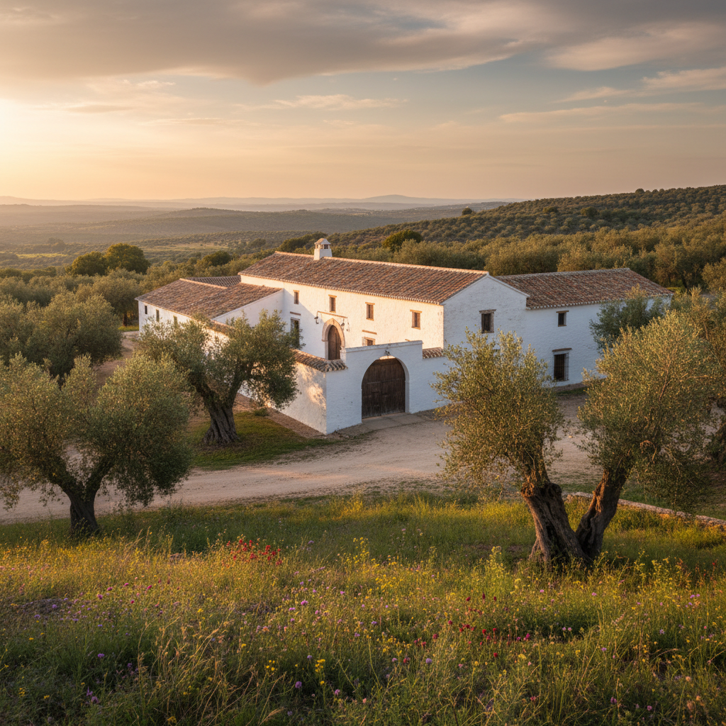 Opulent Andalusian hacienda with arched colonnade, manicured gardens, terracotta and white architecture, golden afternoon light