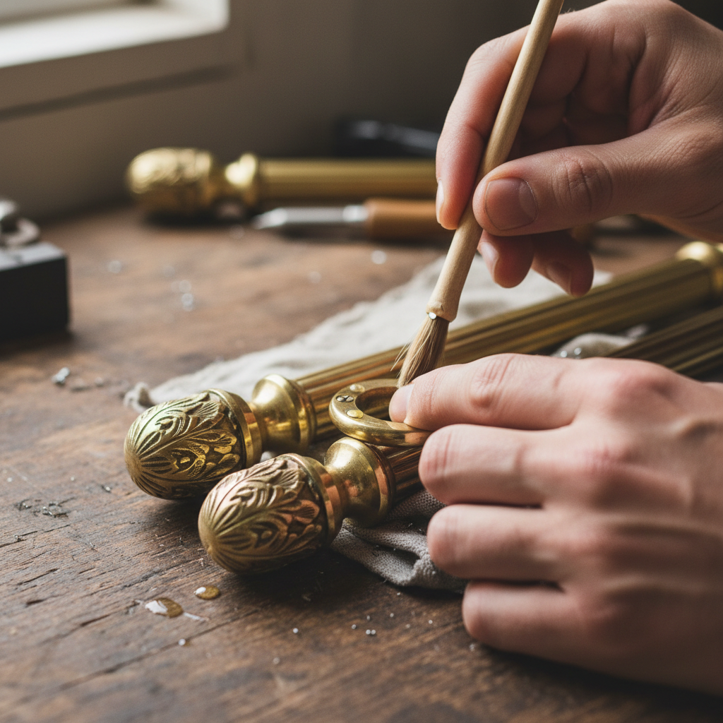 Close-up of hands lubricating and maintaining brass curtain rod hardware