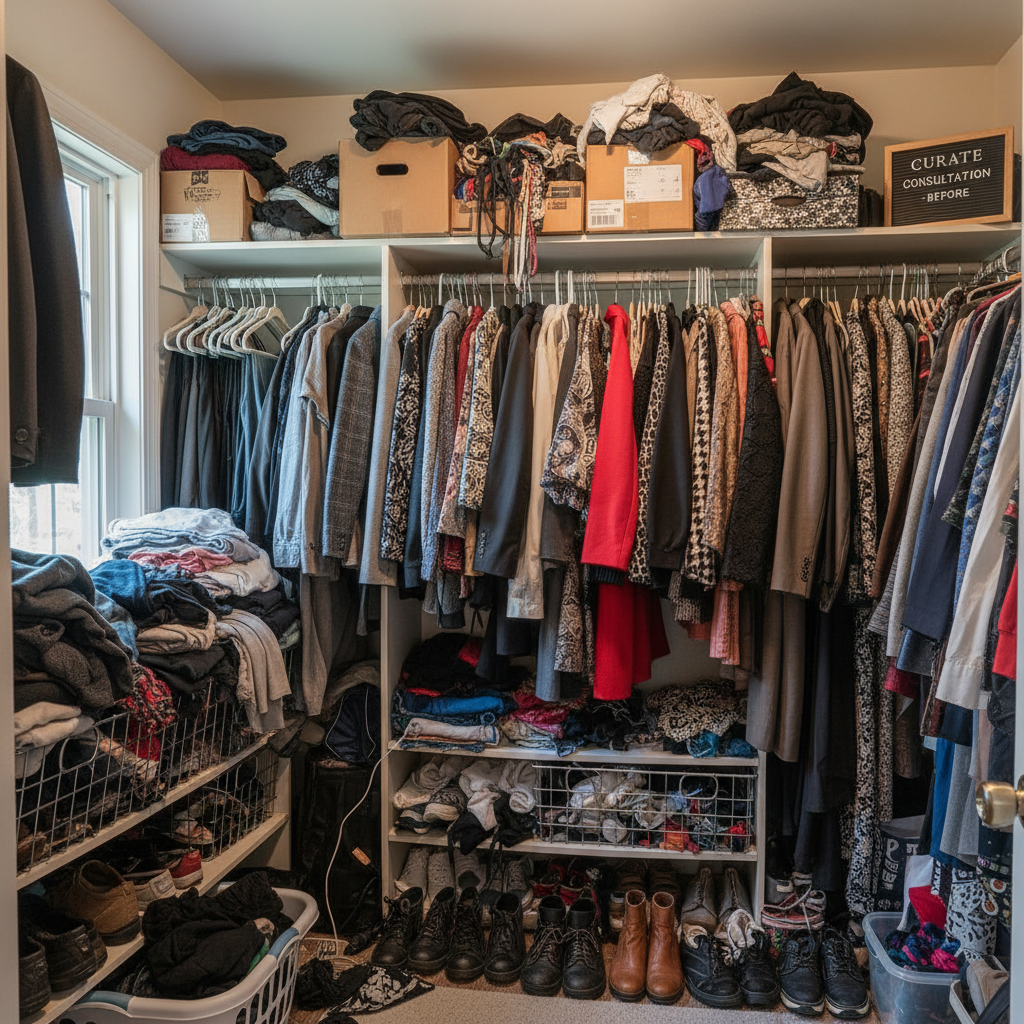 Cluttered closet before Curate consultation showing disorganized shelves and hanging rods