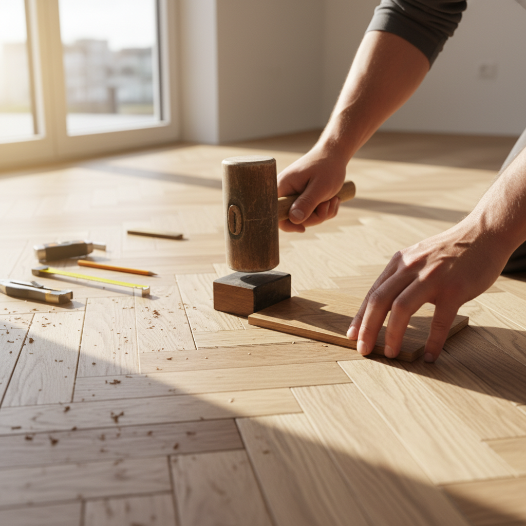 Craftsman carefully installing hardwood flooring in a residential renovation — interior construction work