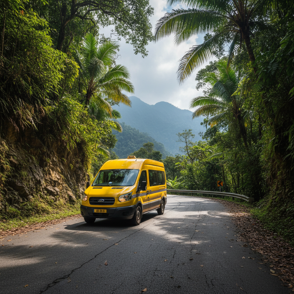 Licensed taxi van on a scenic mountain road in Dominica with rainforest views