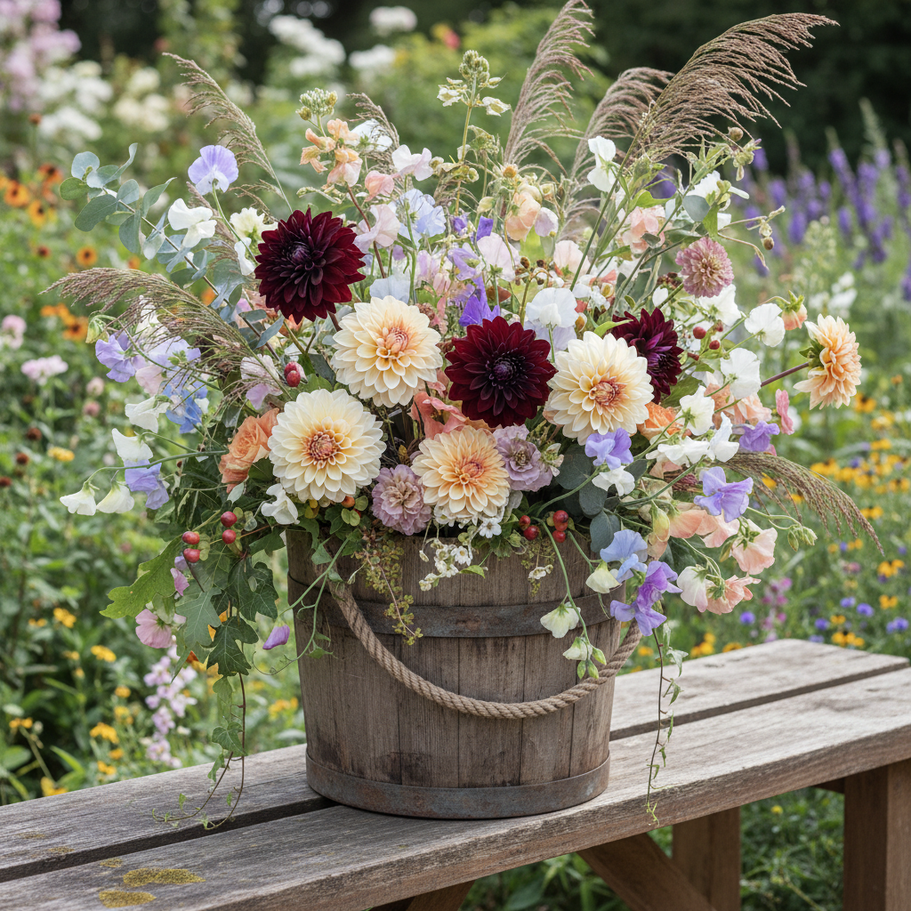 Rustic wooden bucket overflowing with mixed seasonal stems — dahlias, sweet peas, grasses, and foliage