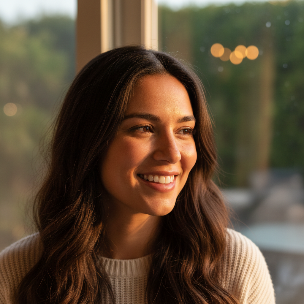 Portrait of happy woman smiling with warm natural background