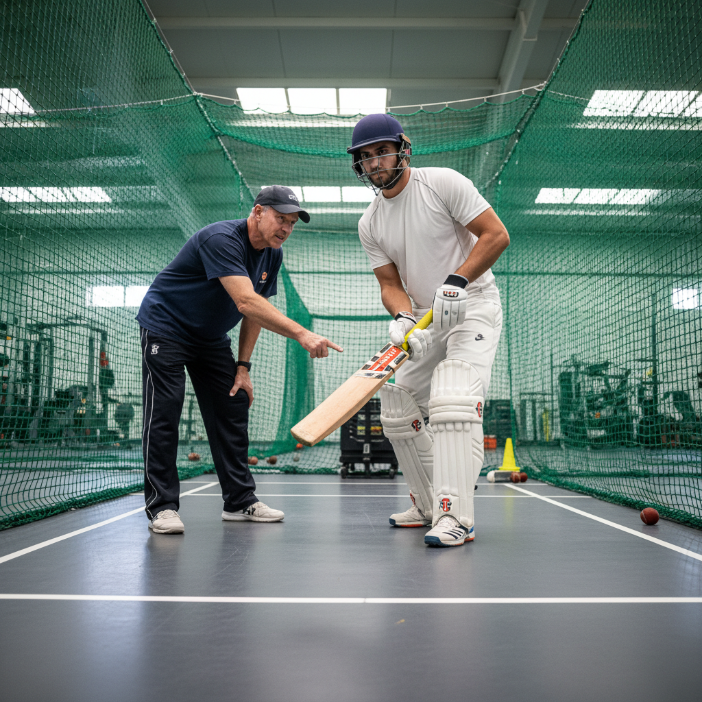 Adult cricketer receiving one-on-one coaching instruction in indoor cricket net facility