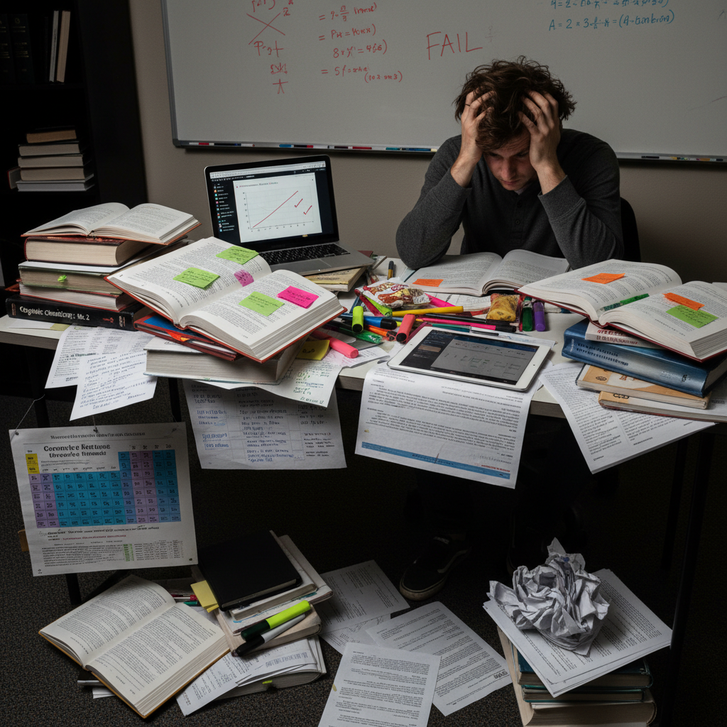 Student looking stressed over homework, dim lighting, frustrated expression, dark moody study environment