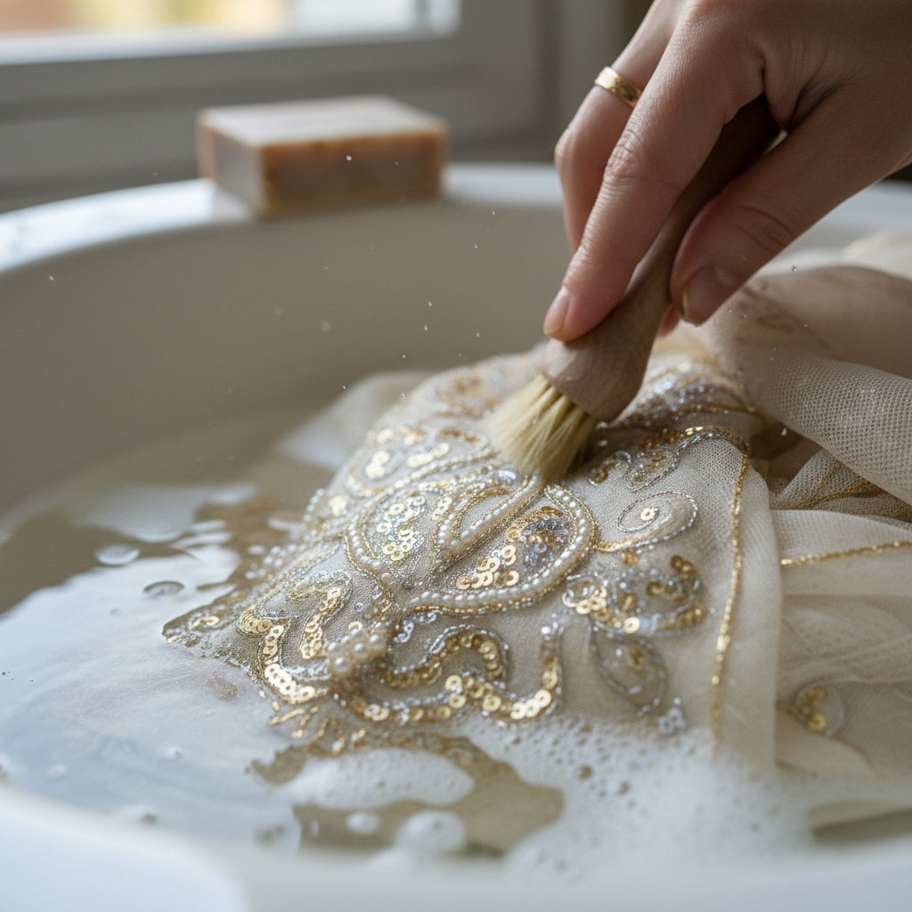 Premium fabric care demonstration showing gentle hand washing of delicate modest fashion garment with embroidery