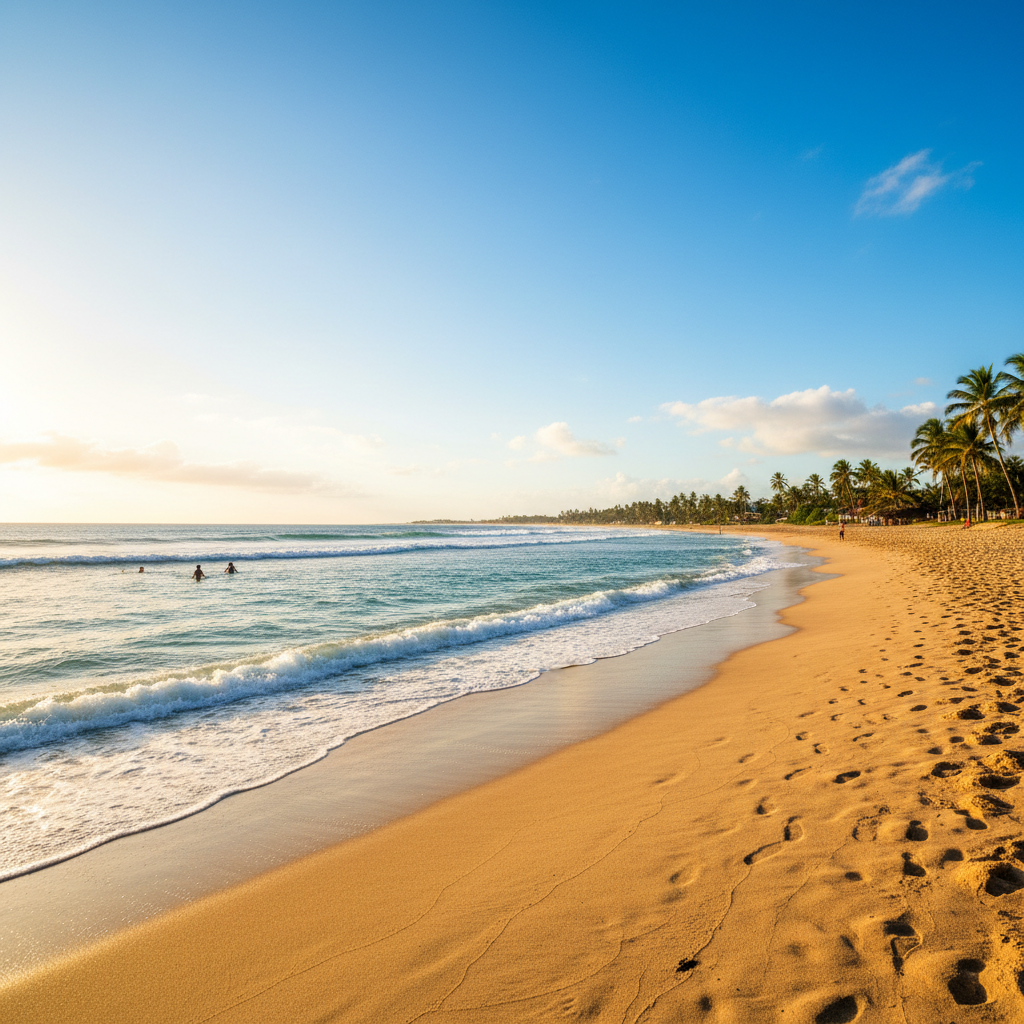 Beautiful golden sandy beach with crystal clear blue ocean water, bright sunny day, no people, wide open horizon