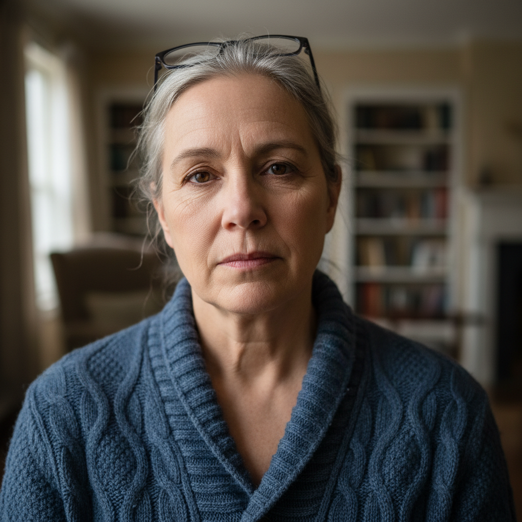 A caregiver in her mid-sixties, wearing a soft grey cardigan, looking directly into the camera with an expression that holds exhaustion and quiet resolve. A sunlit kitchen is softly blurred behind her.