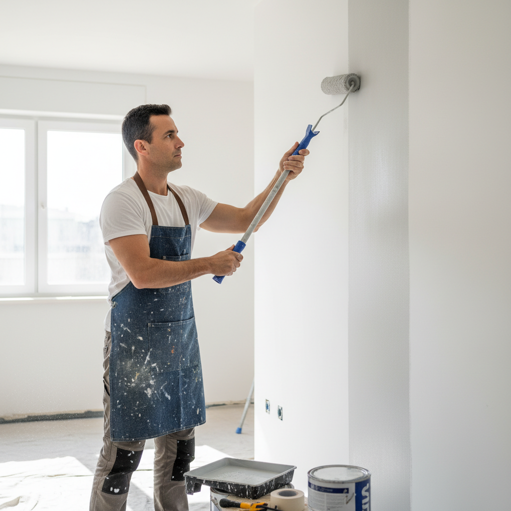 Tom Bradley, decorator holding a paint roller