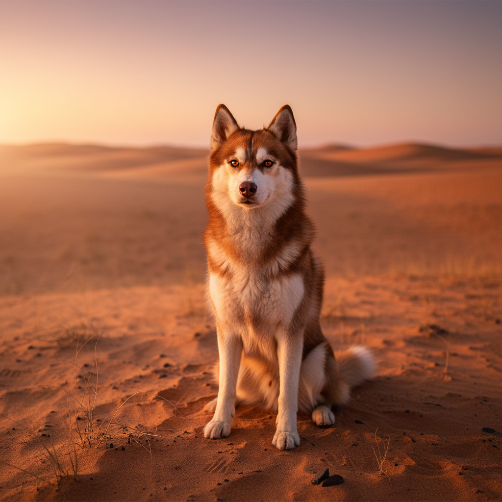 Female husky with amber eyes and red-toned coat sitting in desert landscape at dusk