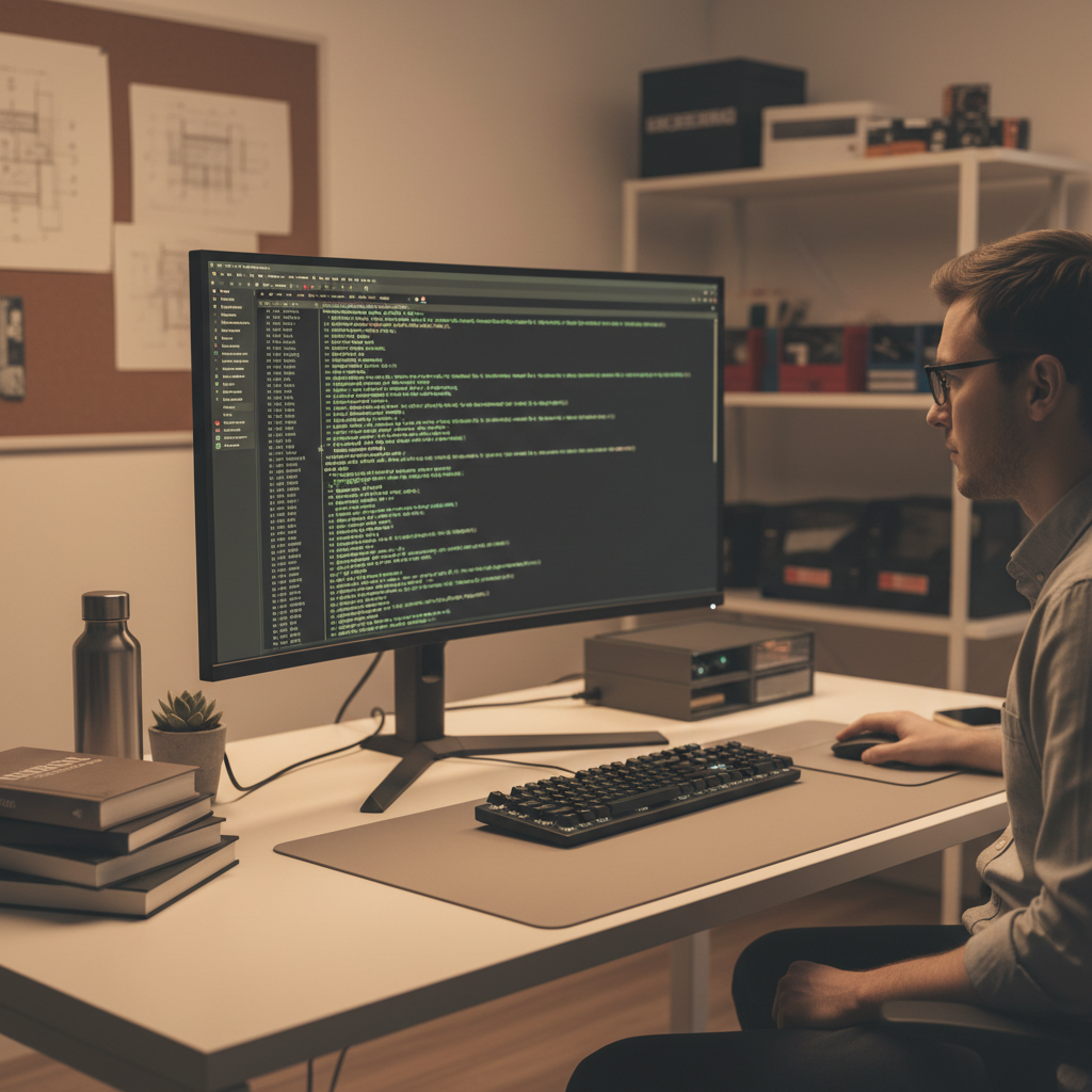Engineer at a clean desk with one monitor, terminal output cascading in monospaced font, desaturated warm lighting