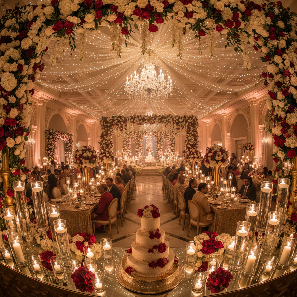 Grand Indian wedding ceremony with elaborate floral decoration, dim candlelit atmosphere, deep shadows, rich warm tones, cinematic dark ambiance