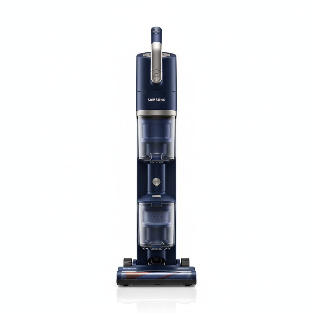 Modern cordless vacuum cleaner in yellow and silver standing upright against light background