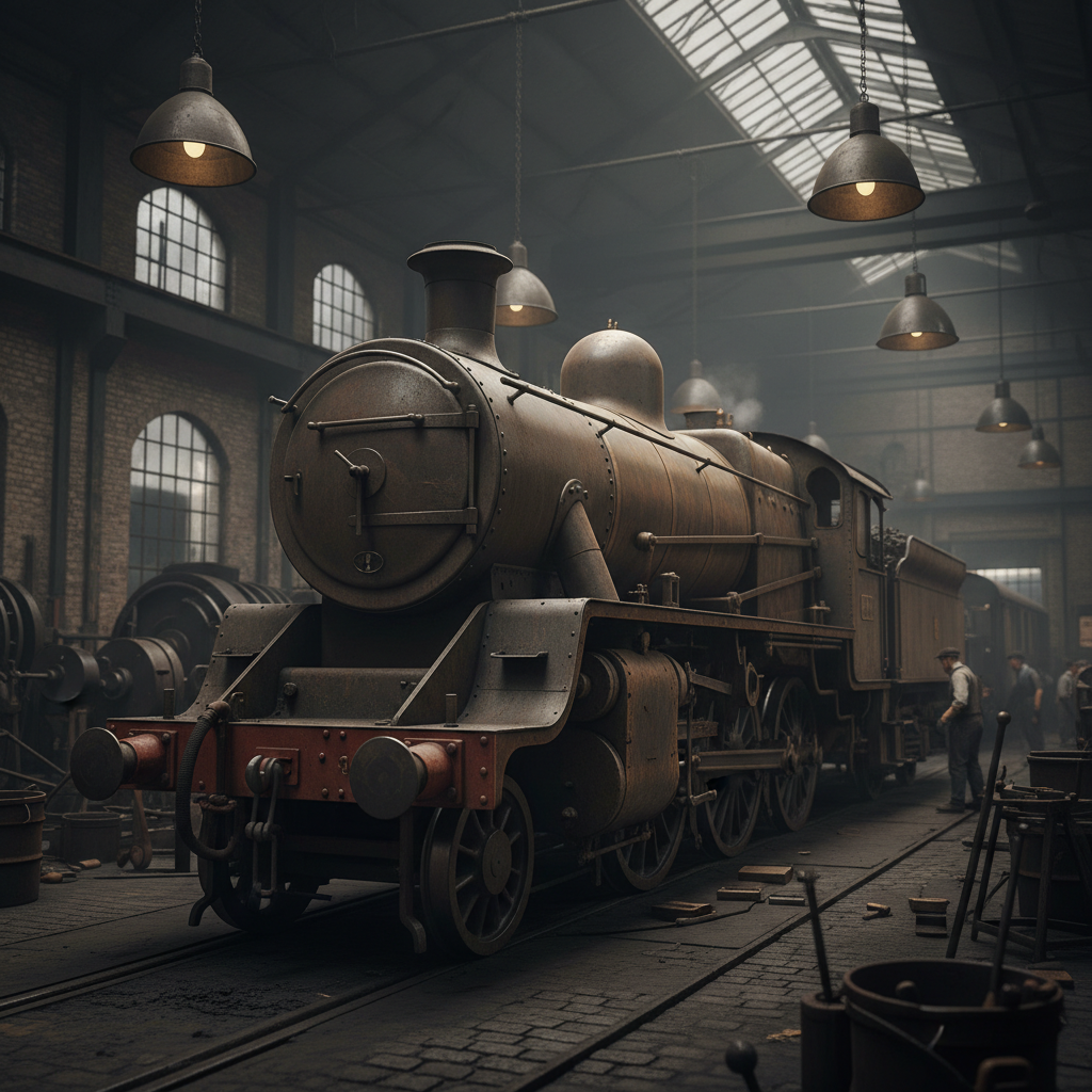 Victorian era 0-6-0 freight steam locomotive in dark industrial setting, iron and steel construction
