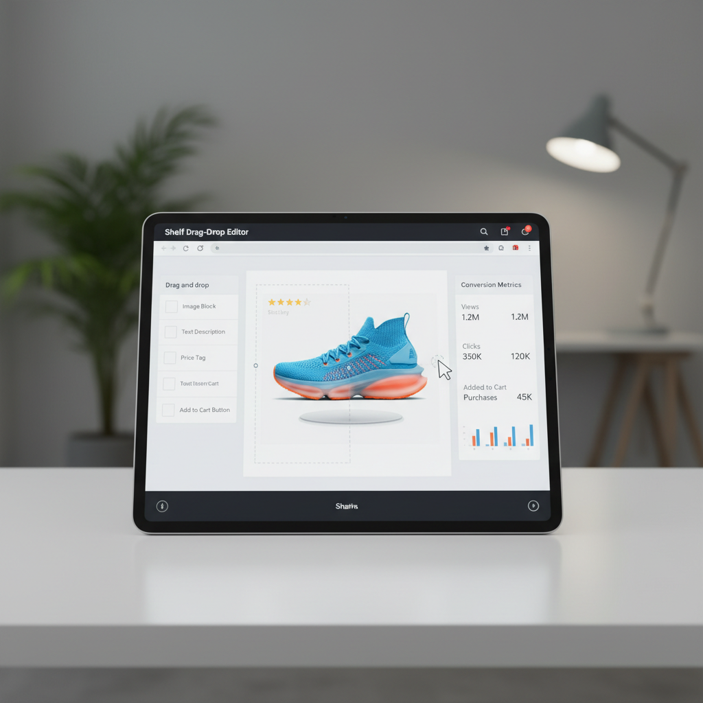 Shelf drag-and-drop editor showing a sneaker product card being assembled with conversion metrics in sidebar