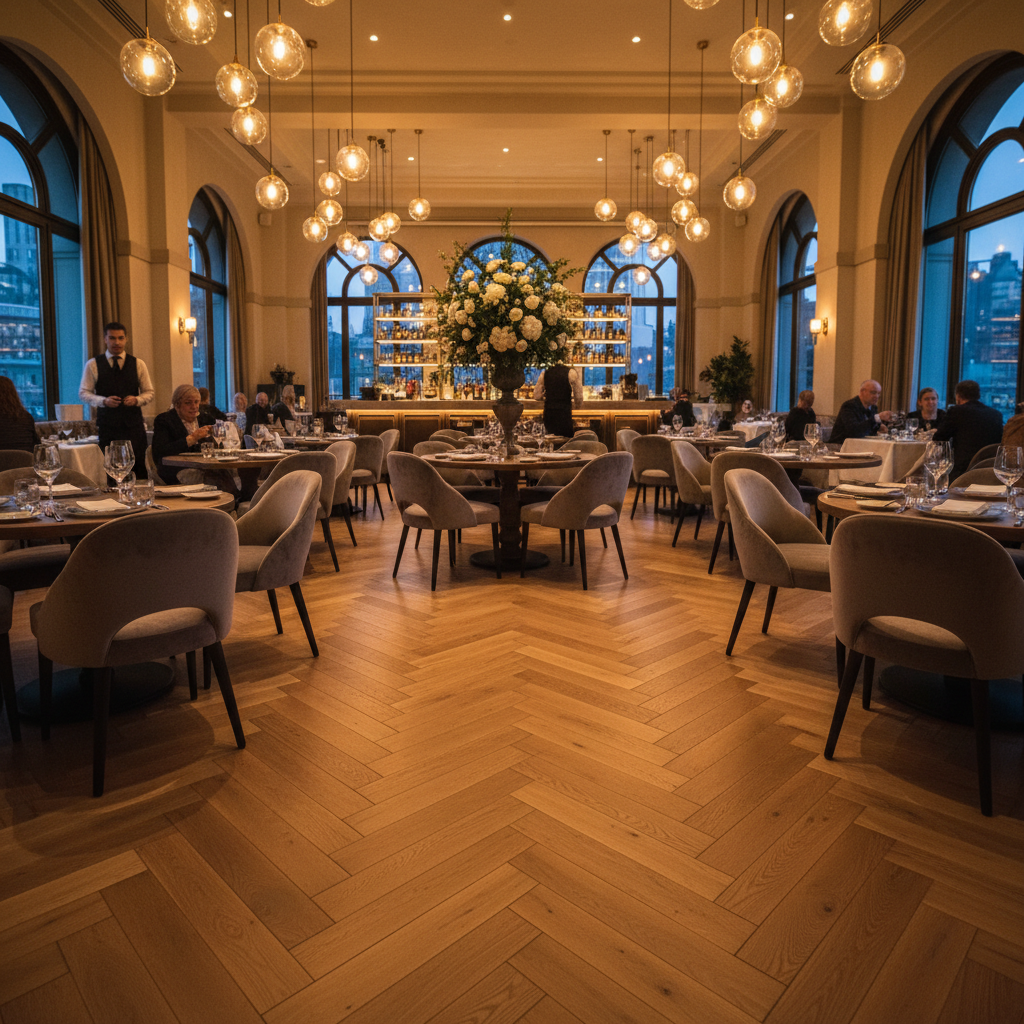 Upscale restaurant dining room with curved banquettes, dramatic pendant lighting, and water views through tall windows