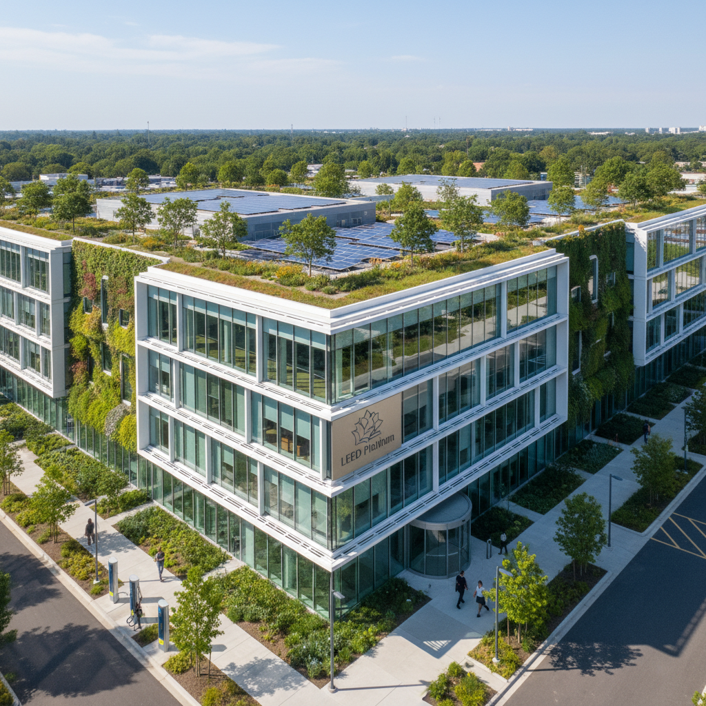 Modern commercial building with solar panels on rooftop, bright daylight office environment