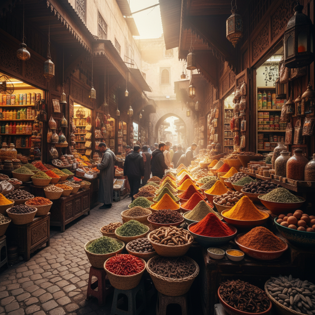 Colorful Marrakech spice market with vivid reds, yellows, and oranges of spices arranged in mounds in bright sunlight