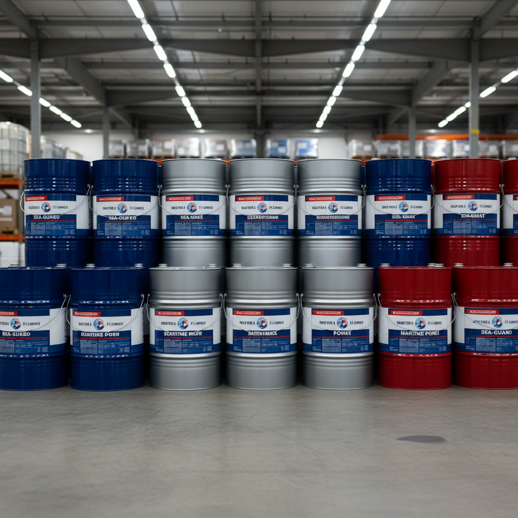 Industrial paint drums stacked in a warehouse