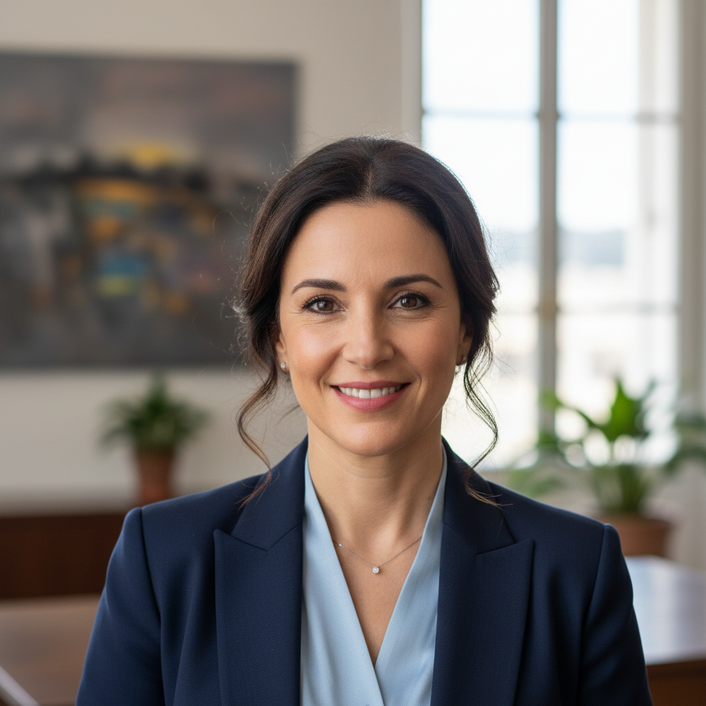 Portrait of an Italian woman, warm confident smile, professional setting