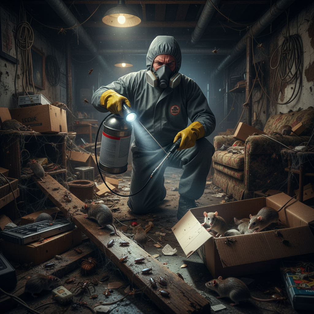 Professional pest control technician in protective gear spraying treatment in a modern home