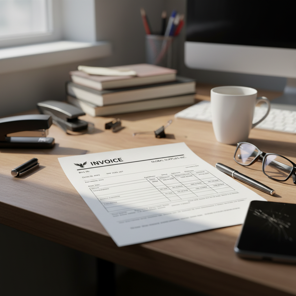 Professional invoice and proposal document templates spread on white desk in bright office