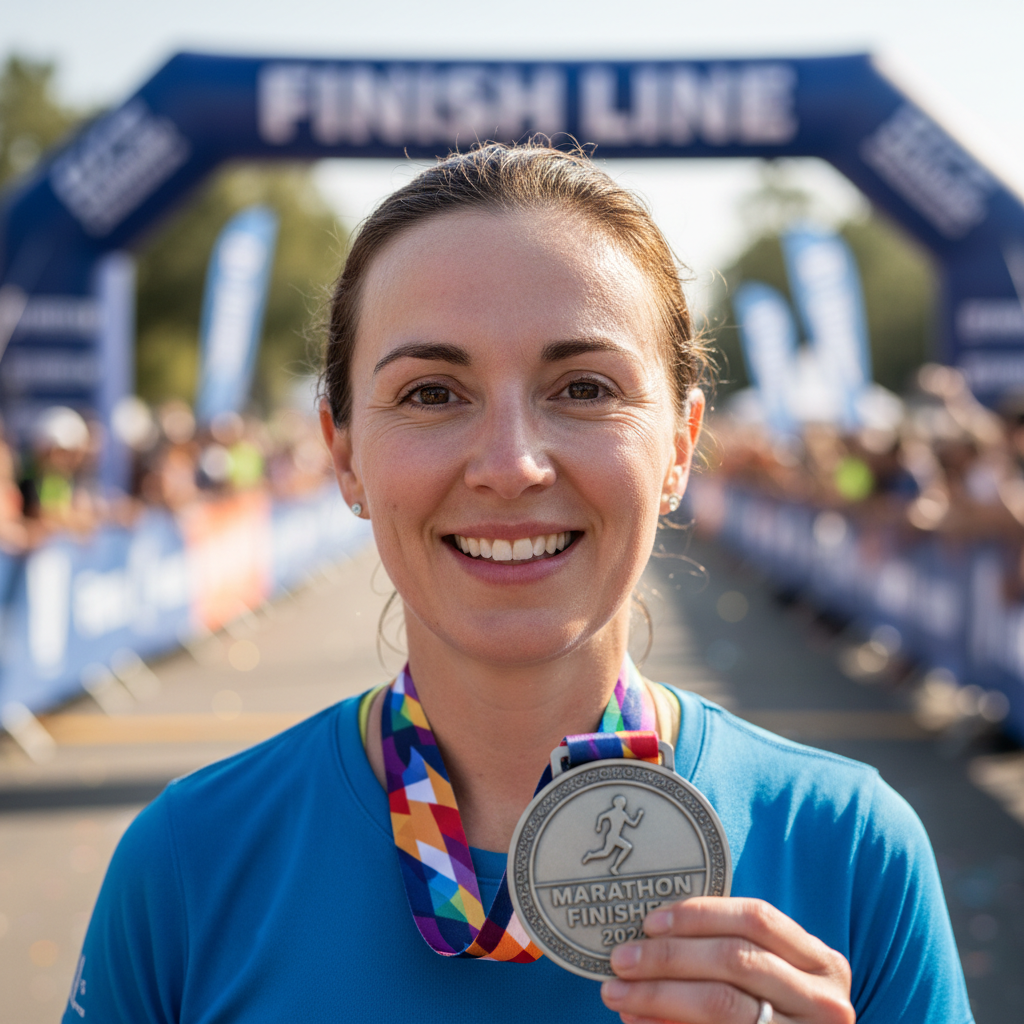 White woman in her late 30s wearing a marathon finisher medal, smiling at finish line