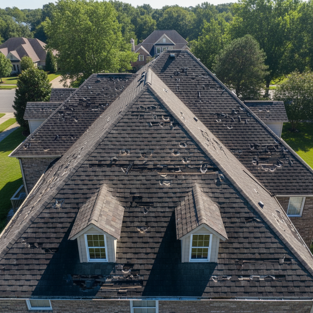 Drone aerial photograph of residential shingle roof showing lifted shingles along ridge line with visible granule loss
