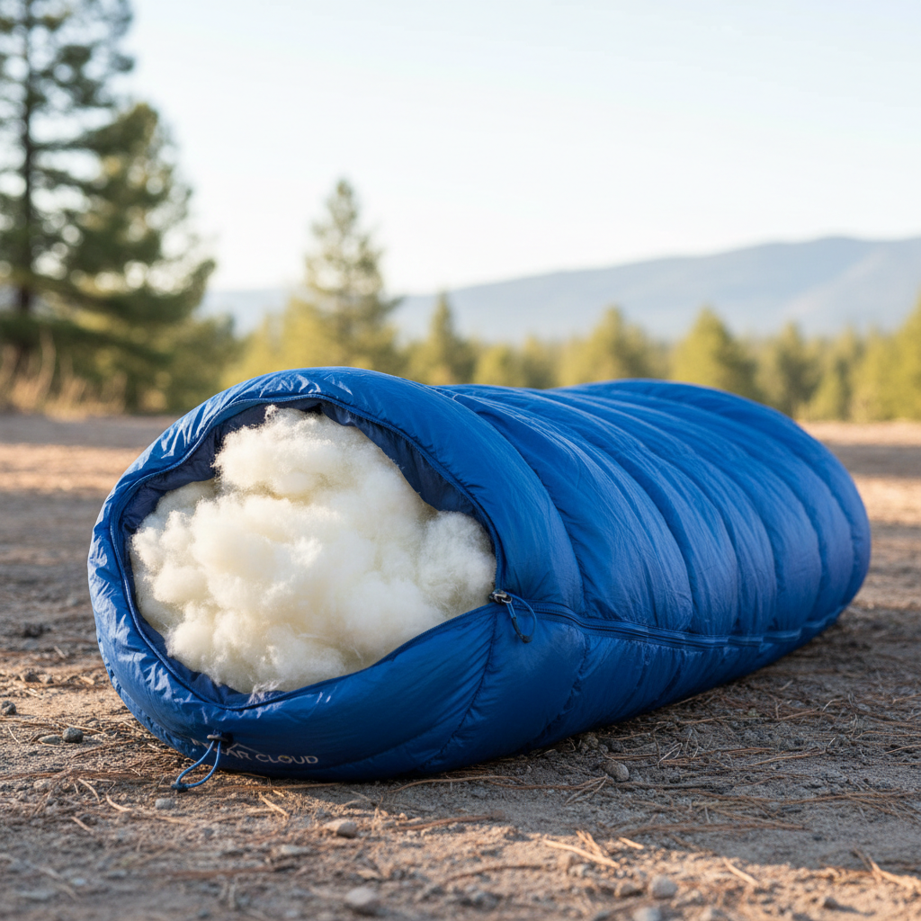 Mummy sleeping bag in forest green on bright clean white background